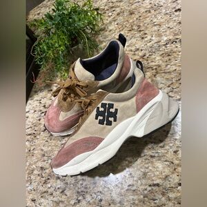 Tory Burch Good Luck Trainer Pink and Tan Sneakers 7.5